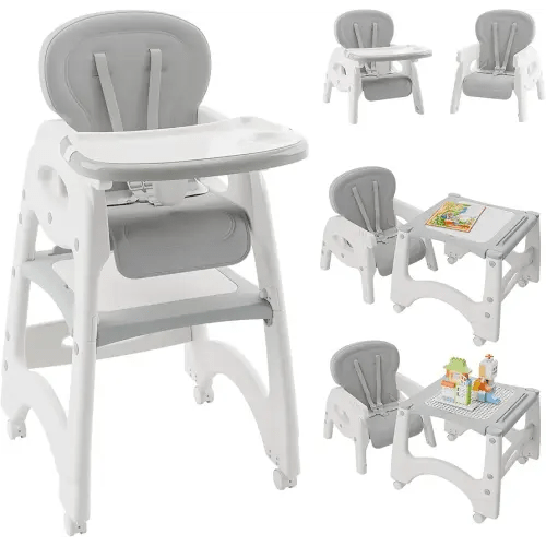6 in 1 Baby High Chair, Convertible Feeding Highchairs for Babies and Toddlers, Chair with Building Block Table or Study Table, Kids Table and Chair Set, with Dual-Layer Tray, Adjustable Back, Grey