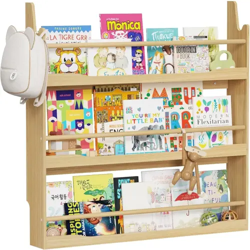 Lkeiyay Wooden Kids Bookshelf,Wall Mount 3-Tier Book Shelf Organizer for Toys and Books,Wall Book Shelves for Bedroom Kids (Natural)