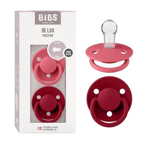 Bibs DE LUX Soother 2 Pack, Cherry Shaped Nipple, BPA Free, Silicone Dummy Pacifier, OneSize, Coral/Ruby
