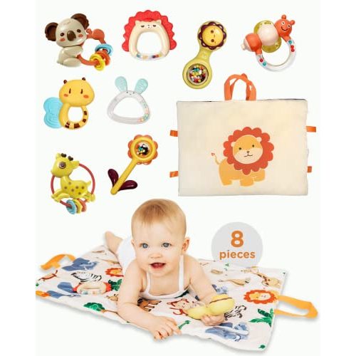 Move2Play, 8 Piece Baby Rattle and Tummy Time Mat Set | Rattling and Silicone Teething Toys | Babies Toy 3-6 Months | 3, 4, 5, 6 Month Old Must Have | Infant Gifts for Boys and Girls