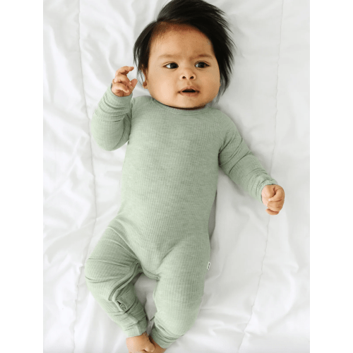 NB Heather Sage Ribbed Crescent Zippy - Little Sleepies