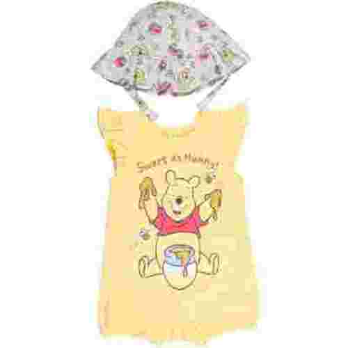 Disney Winnie the Pooh Newborn Baby Girls Snap Romper and Bucket Sun Hat Newborn to Infant