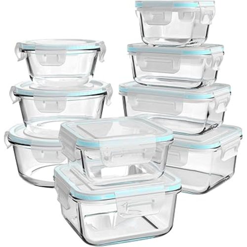 Glass Food Storage Containers with Lids, [18 Piece] Glass Meal Prep Containers, Containers for Food Storage with Lids, BPA Free & Leak Proof (9 Lid & 9 Container)