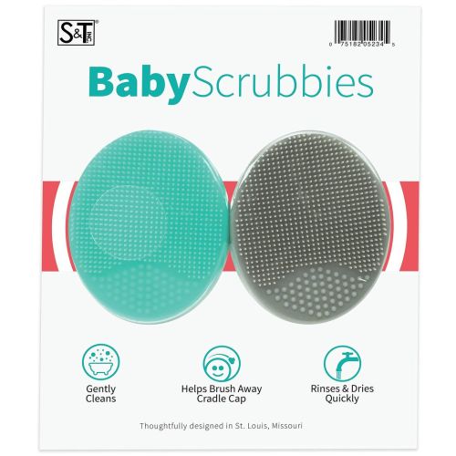 S&T INC. Exfoliating and Massaging Cradle Cap Bath Brushes for Baby, Silicone - 2 Inch x 2.5 Inch, Grey and Teal, 2 Pack