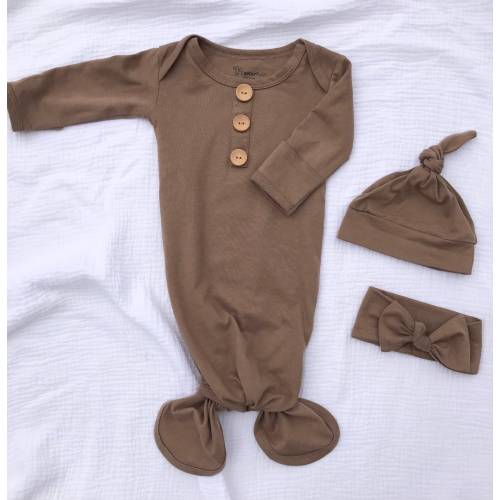 BROWN Organic Cotton Knotted Gown, 0-3 months, Going Home Set, Shower Gift, New Baby, Gender Neutral