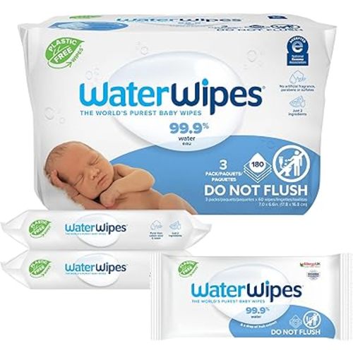 WaterWipes Plastic-Free Original Baby Wipes, 99.9% Water Based Wipes, Unscented & Hypoallergenic for Sensitive Skin, 180 Count (3 packs), Packaging May Vary
