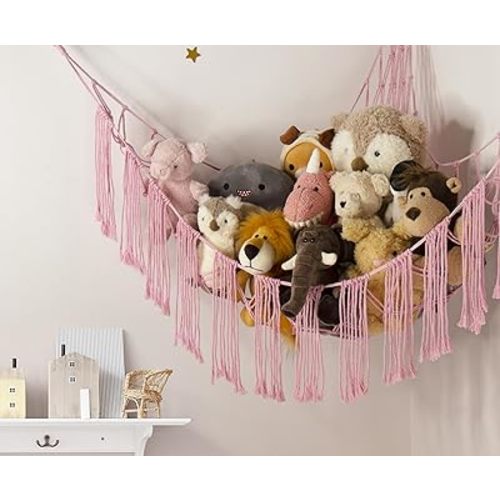 Stuffed Animal Hammock Corner with LED Light - Toy Storage Hammock Plushie Net Hanging Organizer - Pink Room Decor for Teen Girls - Cute Bedroom Aesthetic Nursery Kids Baby Toddler - Large(43"*43"*56")