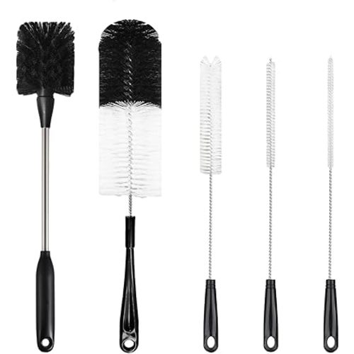 5 Pack Bottle Brush Set, Stainless Steel Water Bottle Brush, 3 Straw Cleaner Brushes,15in Narrow Bottle Brush for Cleaning Sports Water Bottle, Coffee Mug,Tumblers, Baby Bottles,Black