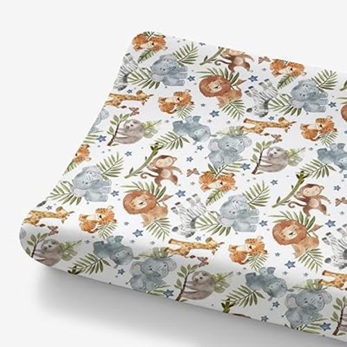 HawSkgFub Jungle Safari American Rainforest Animal Changing Pad Cover Baby Boys, Elephant Lion Tiger Giraffe Sloth Zebra Hippo Star Diaper Change Table Sheet, Safe Snug Fitted Changing Mat 32/34 x 16