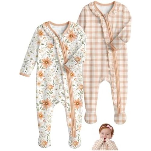 Rayon Made from Bamboo Baby Pajamas Baby Sleepers for Newborn 0-3 3-6 6-9 Months 2Pcs Footie Pjs Baby Girls Clothes