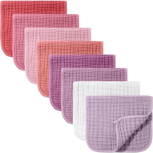 8 Packs Muslin Burp Cloths 6 Layers Unisex Baby Items Absorbent Burp Rags Colorful Muslin Washcloths for Baby Plain Soft Cotton Cloth for Babies Girls Boys, 10 x 20 Inch (Vivid Colors)