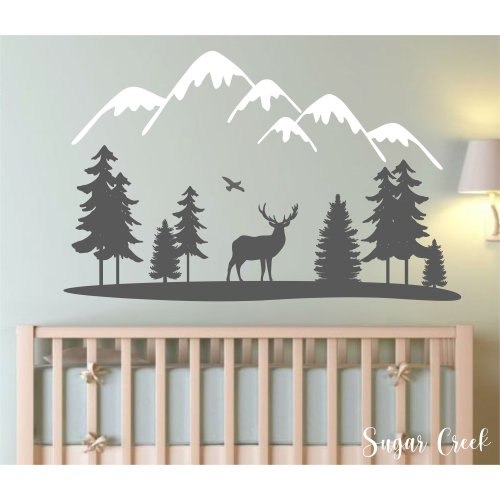 Woodland- Mountains with Trees and Deer-Vinyl Wall Decal- Woodland Nursery Decal- Forest Silhouette- Nature Mural- Forest Decor
