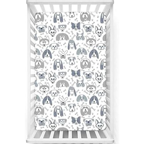 Dog Themed Fitted Crib Sheet,Standard Crib Mattress Fitted Sheet Soft Toddler Mattress Sheet Fitted-Baby Sheet for Boys Girls, 28“ x52“,Blue Grey Pale Grey White