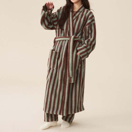 Women's Fuzzy Fleece Long Robes Striped Soft Warm Thickened Oversized V Neck Loungewear Maxi Bathrobe Housecoat New Women's Pajamas Coffee XL
