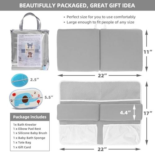 Bath Kneeler and Elbow Rest Pad Set for Baby Bathtub, Thick Non-Slip Bathing Kneeling Mat Cushion Quick Drying Bathtub Knee Saver with Arm Support and Pockets for Bathroom Bathing time Comfort, Gray - Grey