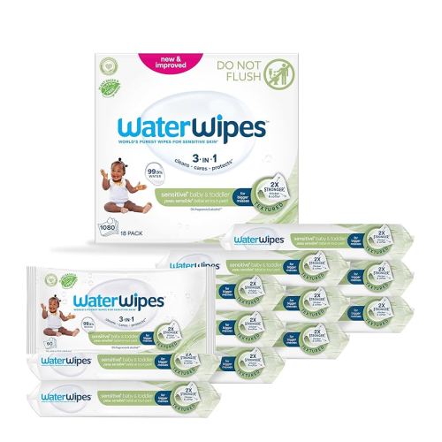 WaterWipes Sensitive+ Baby & Toddler Wipes, 3-In-1 Cleans, Cares, Protects, 99.9% Water, Textured Clean, Unscented & Hypoallergenic, 1080 Count (18 Packs)
