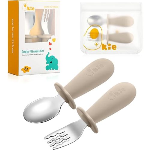 Toddler Utensils, Toddler Forks and Spoons, Baby Spoons Self Feeding, Stainless Steel Baby Silverware with BPA Free Silicone Easy Grip, 8 Months+