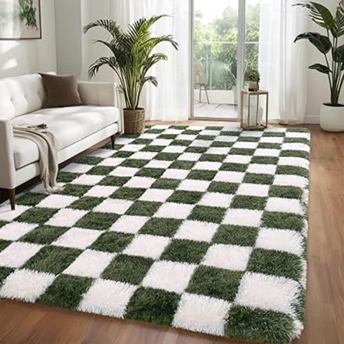 Nuttumico Fluffy Plaid Area Rug for Bedroom, 4x6 Feet Olive Green White Soft Carpets Checkered for Living Room, Cute Plush Shaggy Rugs for Kids Boys Girls Room, Nursery, Home Decor