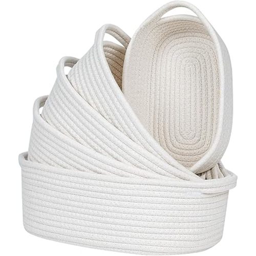 CubesLand Small Woven Rope Toys Basket for Organizing Set 5, Shelves Closet Storage Bins, Empty Gift Baby Shower Basket also perfect for Toilet Paper Storage, Organizer Bins Off White