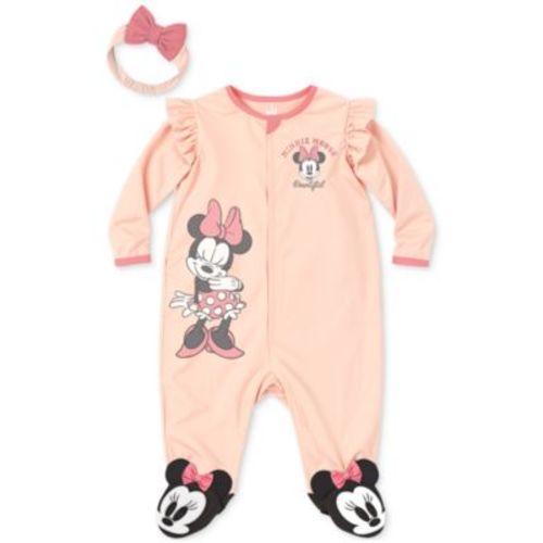 Baby Girls Minnie Mouse Headband & Footed Coverall, 2 Piece Set