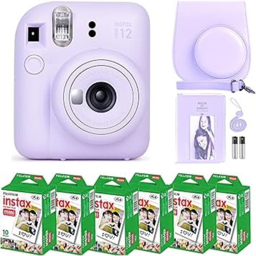 Fujifilm Instax Mini 12 Camera with Fujifilm Instant Mini Film (60 Sheets) Bundle with Deals Number One Accessories Including Carrying Case, Photo Album, Stickers (Lilac Purple)