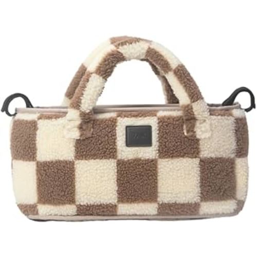 7 A.M. Universal Stroller Organizer Bag - Easy Grab Top Handles, Stroller Caddy with Cup Holder, 3 Open Compartments, Adjustable Stroller Straps & Zippered Wallet Pocket | (Print Checkers Tan)