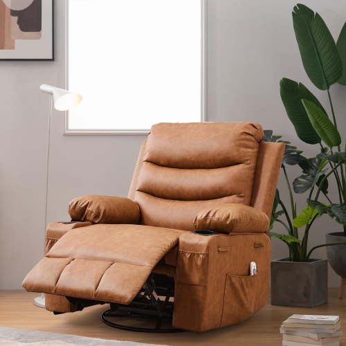 Recliner Chair Nursery, Oversized Manual Reclining Rocking Chair, 360 Swivel Glider with Cup Holder, Massage and Heat Recliner, Indoor Small Single Sofa Chairs for Adults RV Bedroom, Beige/Grey/Brown