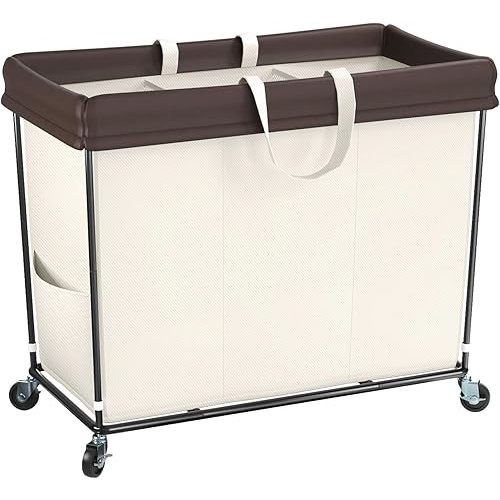 Laundry Hamper with Wheels, 320L Large Rolling Laundry Basket 3 Section Laundry Bag with Wheels, Clothes Hamper Laundry Cart for Laundry, Bedroom, Bathroom and Dorm (Beige)