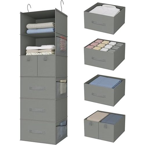6-Shelves Hanging Closet Organizer with 5 Different Drawers, Foldable Closet Organizers and Storage for Wardrobe, Closet& RV, Clothes and Accessories Storage, Non-woven fabric, Gray