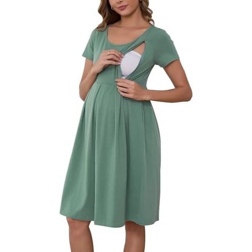 Ecavus Women's Nursing Dress Short Sleeve Hidden Zipper Maternity Breastfeeding Dress with Pockets