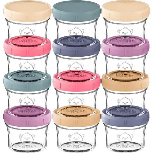 KeaBabies 12pk 4oz Glass Baby Food Containers with Lids - Leak-Proof, Microwavable Small Glass Jars, Baby Purees & Toddler Snack Storage Containers, BPA-Free, Dishwasher & Freezer Safe (Sunset)