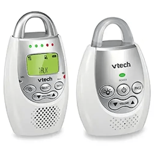 VTech DM221 Audio Baby Monitor with up to 1,000 ft of Range, Vibrating Sound-Alert, Talk Back Intercom & Night Light Loop, White/Silver