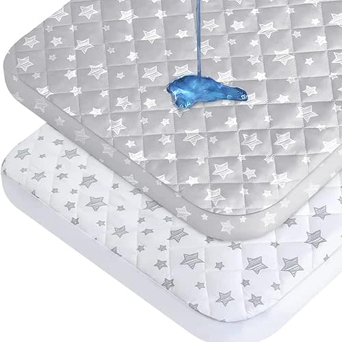 Waterproof Pack and Play Mattress Pad Protector 2 Pack, Quilted Pack and Play Sheets Cover 39" x 27", Compatible with Graco Pack n Play, Playard Mattress Protector, Grey & White Star