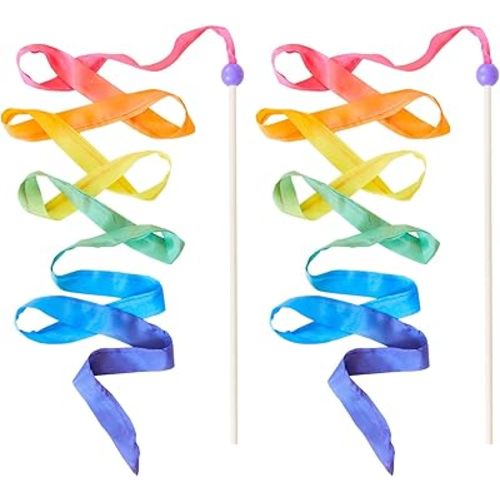 Sarah's Silks Rainbow Streamer - 8' Long Ribbon Wand for Kids, Pretend Play, Dance, Baton Stick Twirling, and Gymnastics Party Favors | 100% Silk and Wood Montessori and Waldorf Toys
