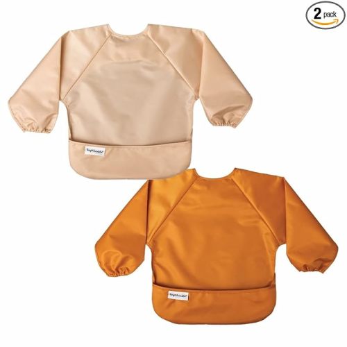 Tiny Twinkle Long Sleeve Bib for Babies & Toddlers | 2-Pack Waterproof Smock Bib for Eating | Machine Washable & Mess-Proof Feeding Essentials | Newborn Shower Gift (Sand Cinnamon,6–24M)