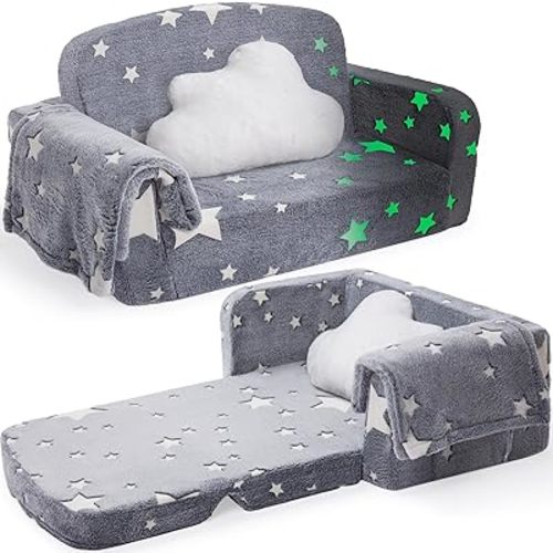 Extra Wide Kids Couch, 2-in-1 Soft Toddler Couch with Blanket, Glow in The Dark, Comfy Toddler Chair with Cloud Pillow, Convertible Sofa to Lounger, Star