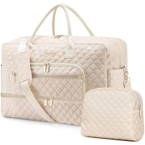 Weekender Overnight Bag Women: Large Travel Duffle Bag with Shoe Compartment & Wet Pocket Carry On Tote Bag Gym Duffel Bag with Toiletry Bag Bag for Hospital Beige