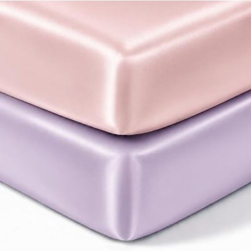 Pro Goleem Satin Mini Crib Sheets 2 Pack, Pink & Purple Silky Soft Fitted Sheet for Baby Hair Protection, 38"x24"x5" Breathable Mattress Cover Compatible with Pack n Play & Portable Crib