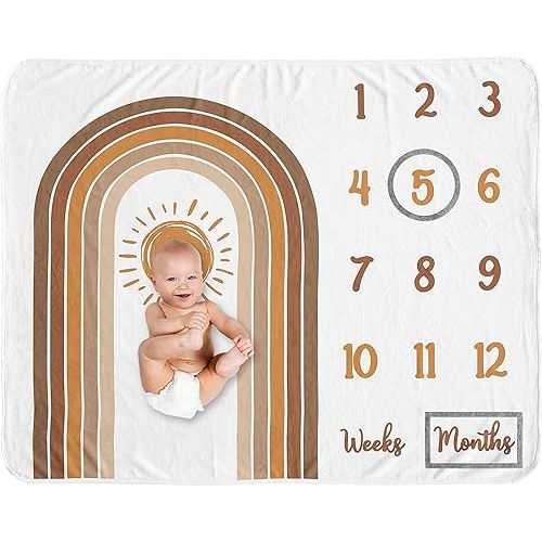 Sweet Jojo Designs Rainbow Vintage Boho Sun Boy Girl Milestone Blanket Monthly Newborn Baby Shower Memory Gift Pumpkin Orange Brown and White Bohemian Sunshine Minimalist Gender Neutral Retro Arches
