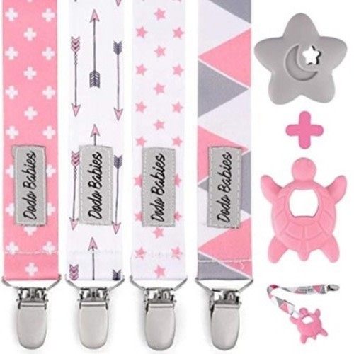 Dodo Babies Pacifier Clip & Teether Toy Set - Four Clips Plus Two Silicone Teether Toys - Universal Holder Fits Most Paci Brands