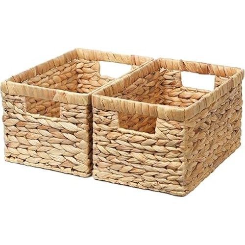 Wicker Storage Basket,Storage Basket with Built-in Handles, Water Hyacinth Storage Baskets for Organizing, Large Wicker Baskets for Storage, Woven Basket for Bedroom, Living Room(2Pack)