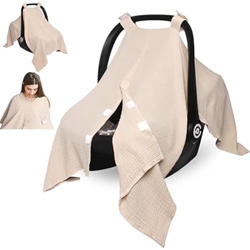 Baby Car Seat Cover Muslin Infant Carseat Canopy, Peekaboo Opening Car Seat Covers, Unisex Large Universal Fit Lightweight Breathable Newborn Breastfeeding Nursing Covers