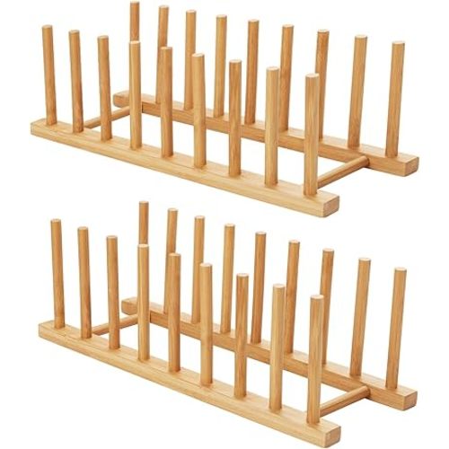 HBlife 2pcs Bamboo Dish Plate Bowl Cup Book Pot Lid Cutting Board Drying Rack Stand Drainer Storage Holder Organizer Kitchen Cabinet（Keep Dry）
