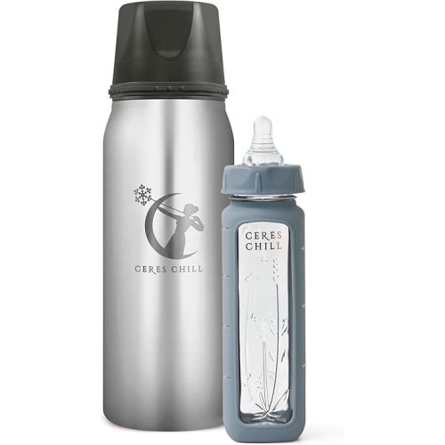 Ceres Chill Breastmilk Chiller/Warmer Bundle, 27oz of Storage, 20 Hour Chill, Comes with Glass Baby Bottle for The Ultimate Bottle Warming Duo (Per My Last Email Steel Chiller & Gray Bottle)