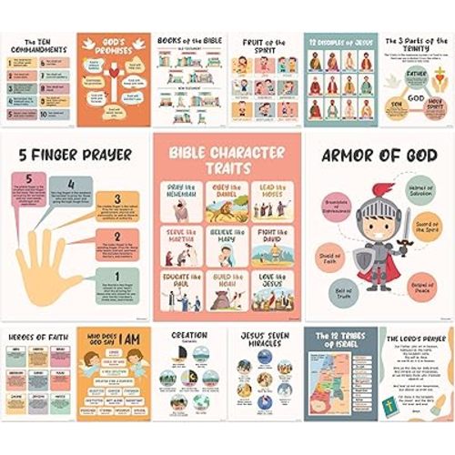 Decorably Bible Posters for Classroom, 15 Christian Posters for Classroom, 11x14in Christian Classroom Posters, Catholic Posters for Classroom, Catholic Classroom Decor, Boho Christian Classroom Decor