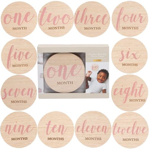Kate & Milo Wooden Baby Monthly Milestone Discs, Pink Script Text, 12-Piece Double-Sided Month Markers for Newborn and Infant Photo Props
