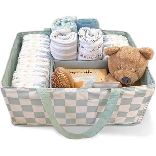 Tiny Twinkle Diaper Caddy Organizer | Foldable Baby Storage Basket with Removable Divider | Waterproof & Mess-Proof Fabric, Portable Nursery Organizer for Newborn Essentials (Sage Checkers)