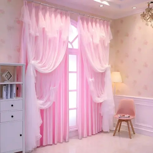 New Nordic Solid Color Double-layer Curtain Princess Style Pink Lace Semi Shade Curtain for Bedroom Living Room - AliExpress