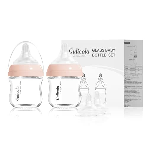 Gulicola Small Glass Baby Bottle for Newborn Breastfeeding Babies, Preemie & Extra Slow Flow Nipples (SS), Anti-Colic, Breast-Like, 0 Months+, 3 oz, 2 Pack - Pink