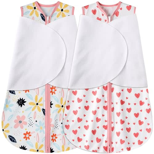 BSTOPPT Newborn Sleep Sack Baby Swaddle,3-6 Months,3-Way Adjustable Wearable Blanket,100% Rayon Cotton Swaddling sleeping bag，TOG 0.5（Heart&Floral）